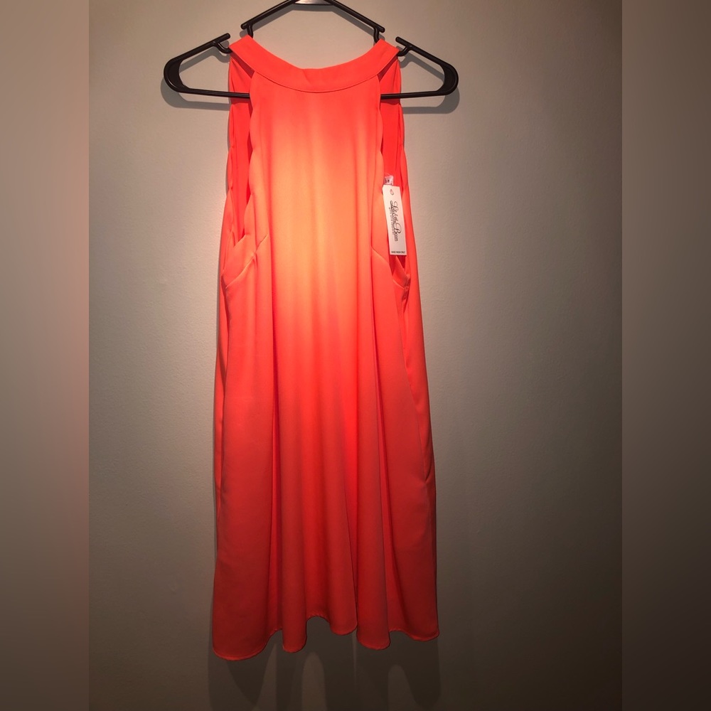 Coral knee length flowy halter dress with scalloped arms, NWT